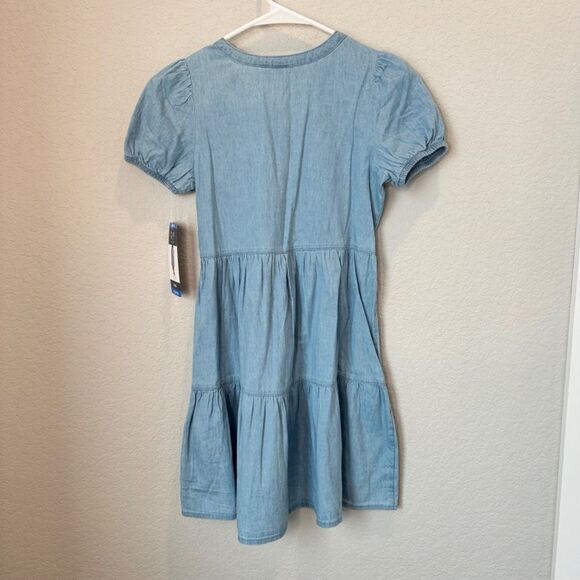 NWT Girl’s Gap Kids Blue Denim Tiered Cotton Puff Sleeve Dress - Size L - Picture 4 of 8